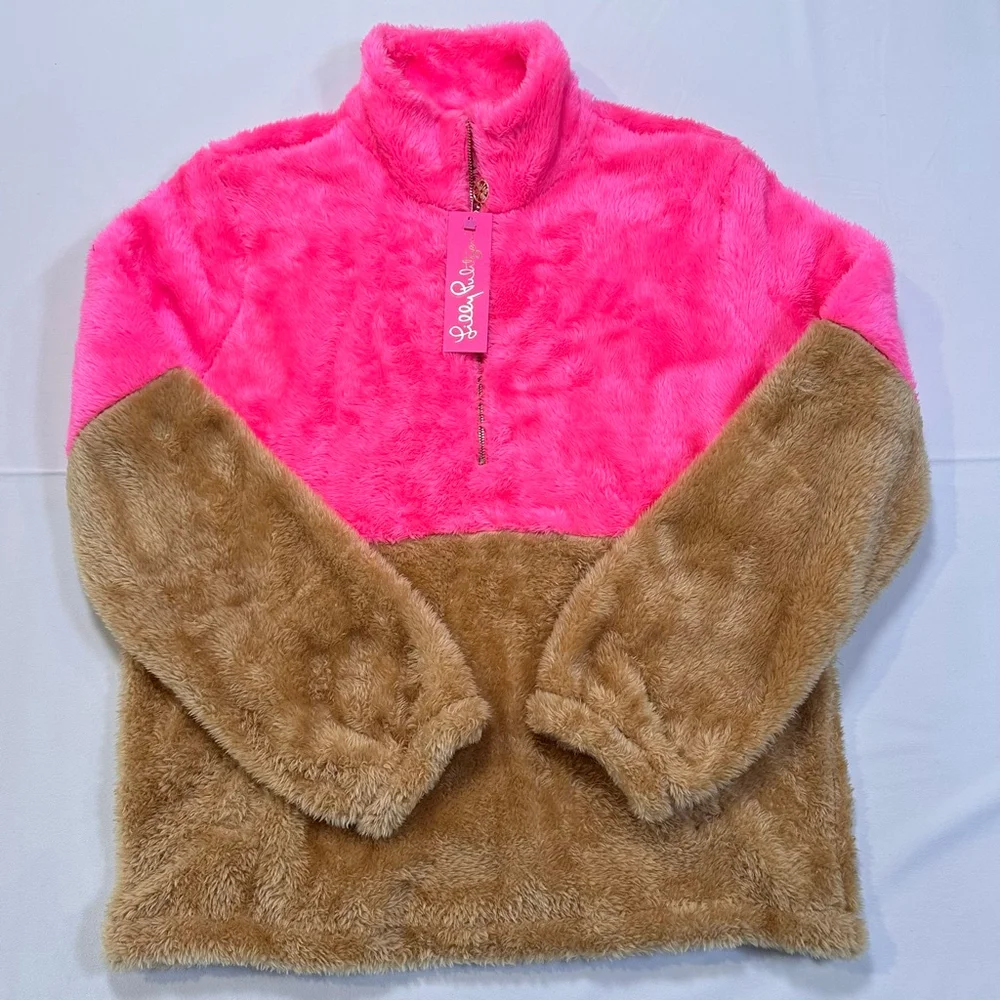 NWT Lilly Pulitzer | Keala Sherpa Popover | Neon Pink Colorblock Half-Zip | M - Picture 4 of 10